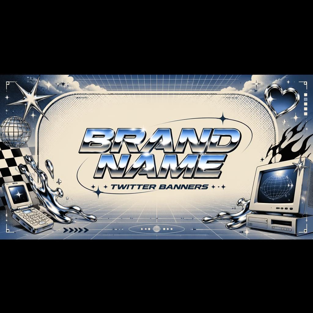 Vintage retro social cover banner with Y2K chrome palette, centered placeholder brand name and tagline, crop-safe layout