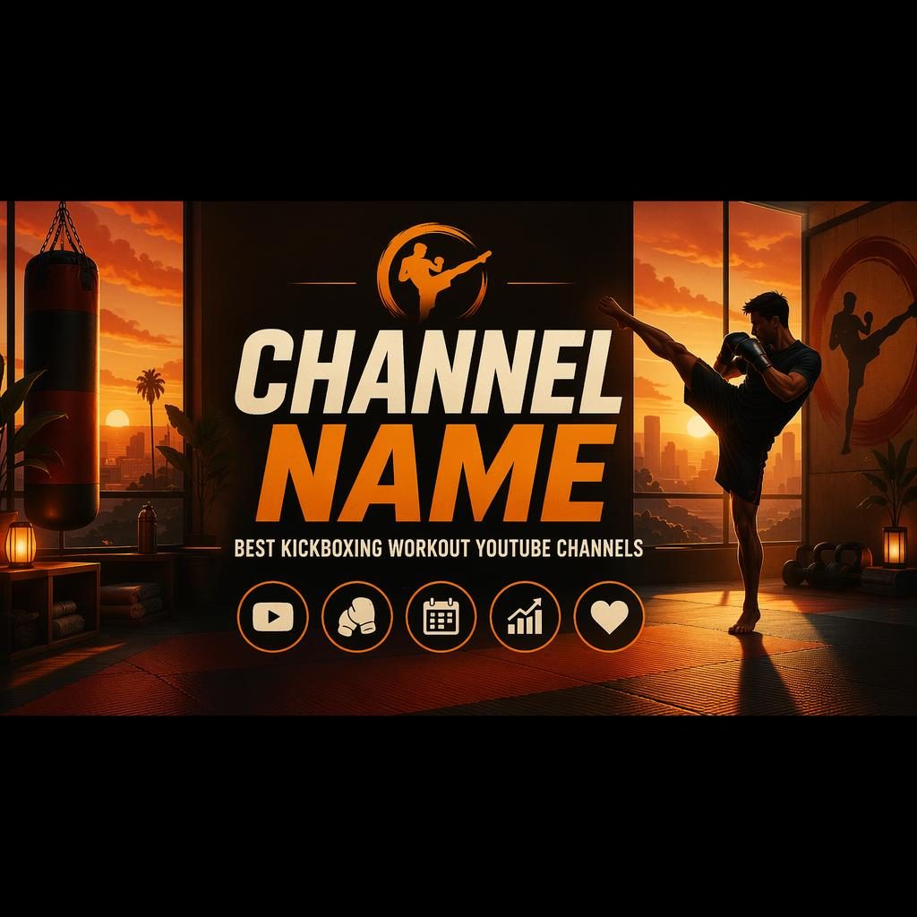 Warm sunset social cover banner with kickboxing workout visuals, centered placeholder brand name and tagline, crop-safe layout.