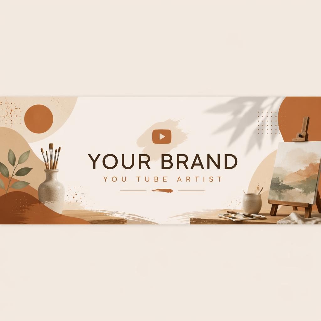 Minimalist multi-platform social cover banner with centered placeholder brand name and you tube artist tagline in warm earth tones.