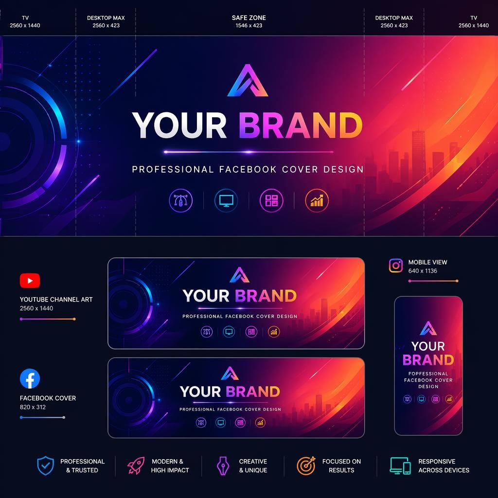Tech futuristic social cover banner with vibrant gradients, centered placeholder brand name and tagline, optimized safe zone layout