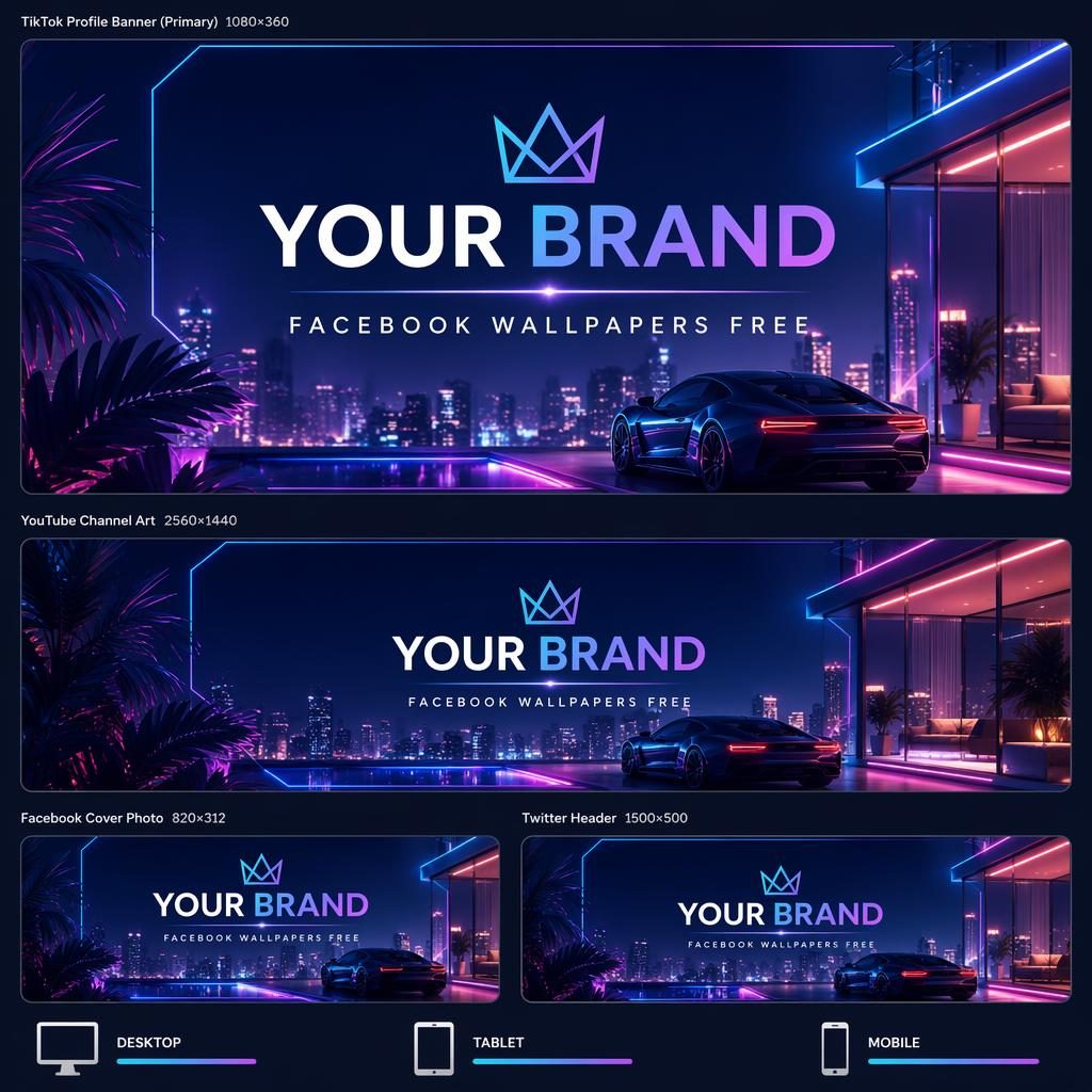 Luxury neon social cover banner with centered placeholder brand typography, cool gradient glow, and safe crop layout.