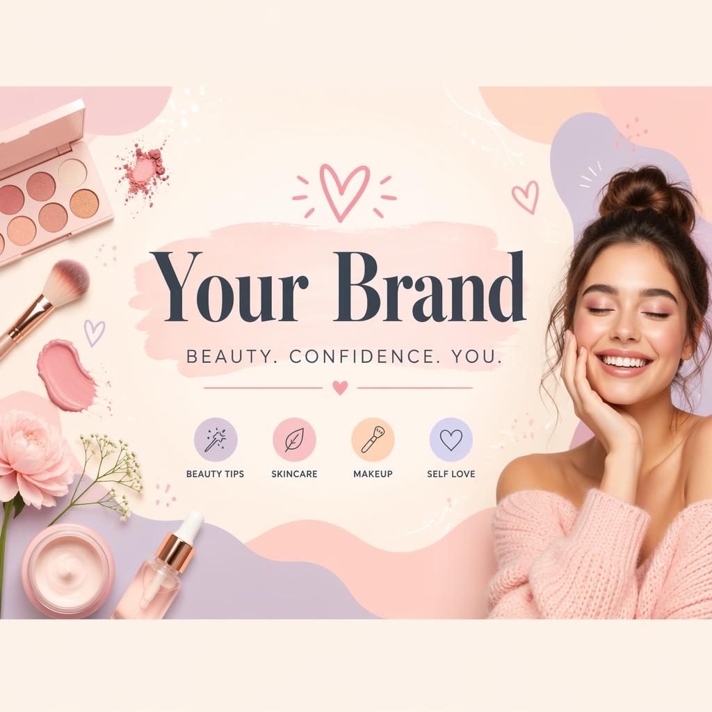 Illustrated 16:9 social cover banner with pastel beauty-themed shapes, centered brand name placeholder, and soft playful layout