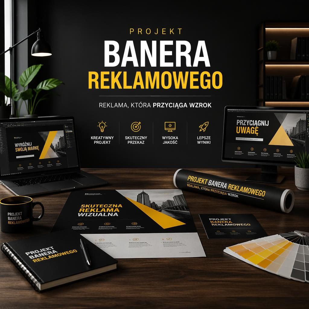 Nowoczesne biuro z ekranami cyfrowymi, materiałami marketingowymi i centralnym napisem marki na coverze Facebooka