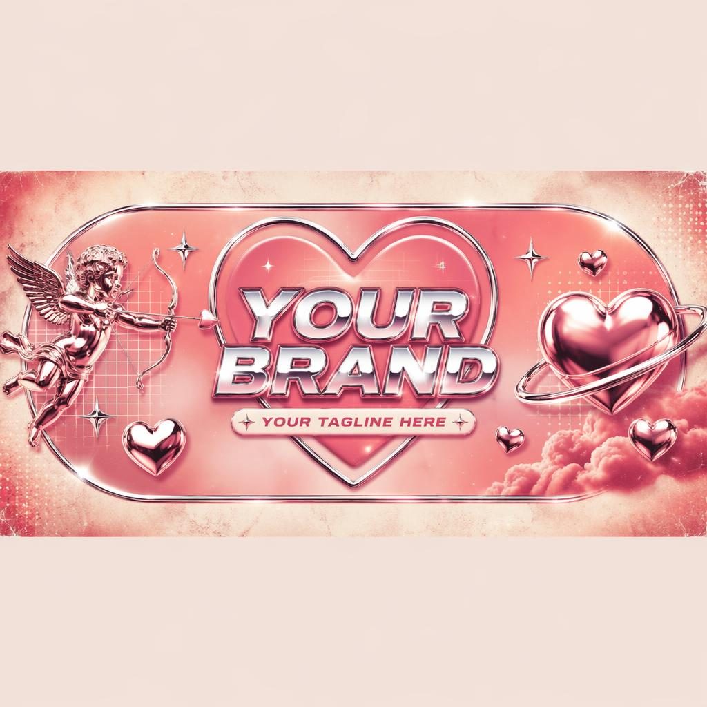 Vintage retro social cover banner with chrome pink and silver hearts, clean placeholder brand name and tagline centered for safe crop.