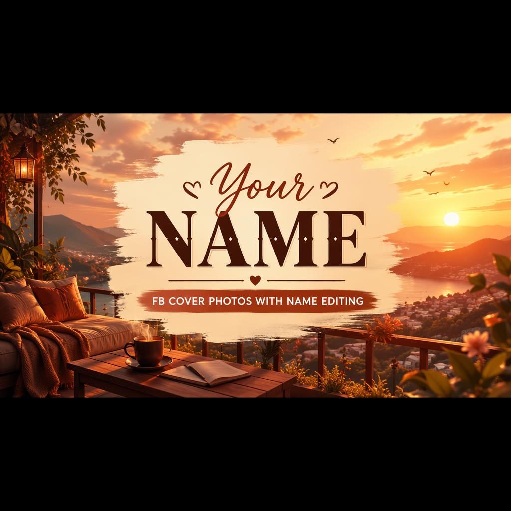 Warm cozy sunset-toned social cover banner with centered placeholder brand name and tagline, designed for Discord and Facebook crops.
