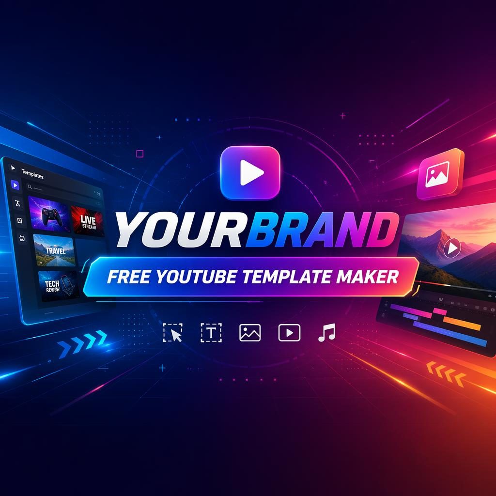 Futuristic 16:9 social cover banner with vibrant gradients, centered placeholder brand text, and crop-safe layout.
