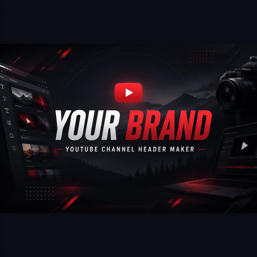 Dark moody 16:9 social cover banner with centered placeholder brand typography and safe-zone layout for cross-platform crops.
