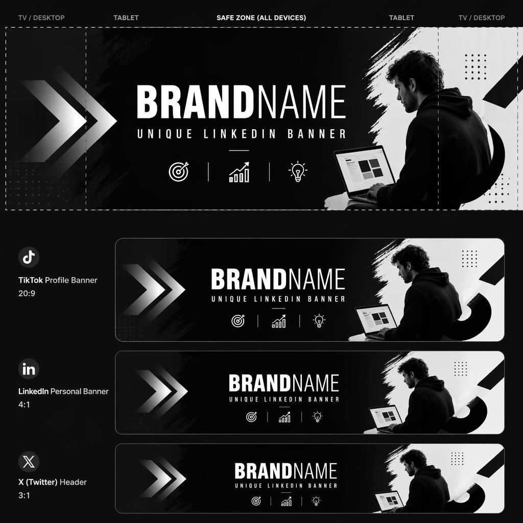 Minimal monochrome social cover banner with bold placeholder brand text, energetic creator layout, and centered safe-zone design.