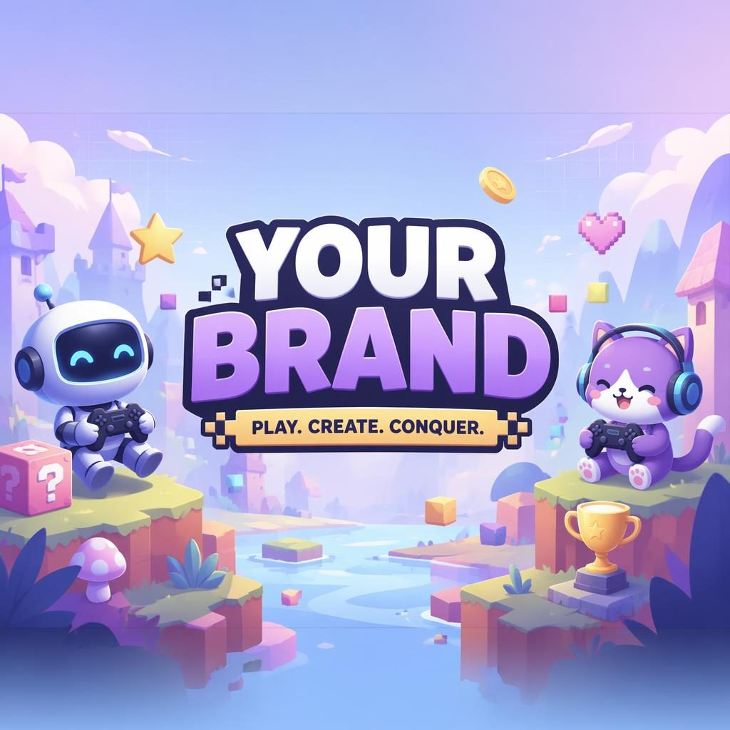 Pastel gaming social cover banner with centered brand name, tagline placeholder text, playful icons, and crop-safe layout