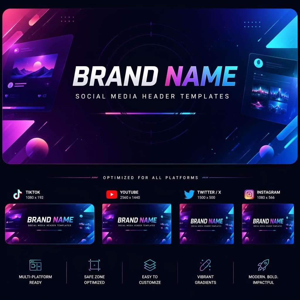 Futuristic TikTok profile banner illustration with vibrant gradients, centered placeholder brand name and tagline, crop-safe layout