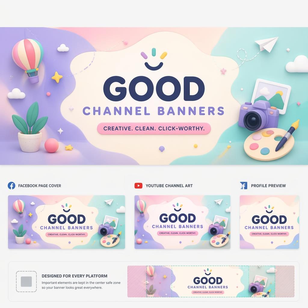 Playful pastel social cover banner illustration with centered placeholder brand name and tagline, designed for Facebook safe zones.