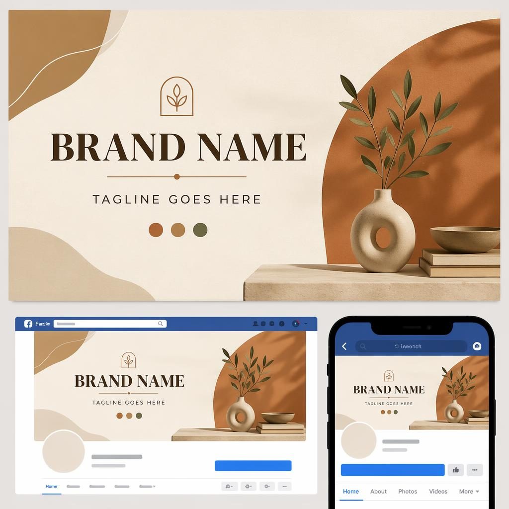 Minimalist 16:9 social cover banner in warm earth tones with centered placeholder brand name and tagline layout.