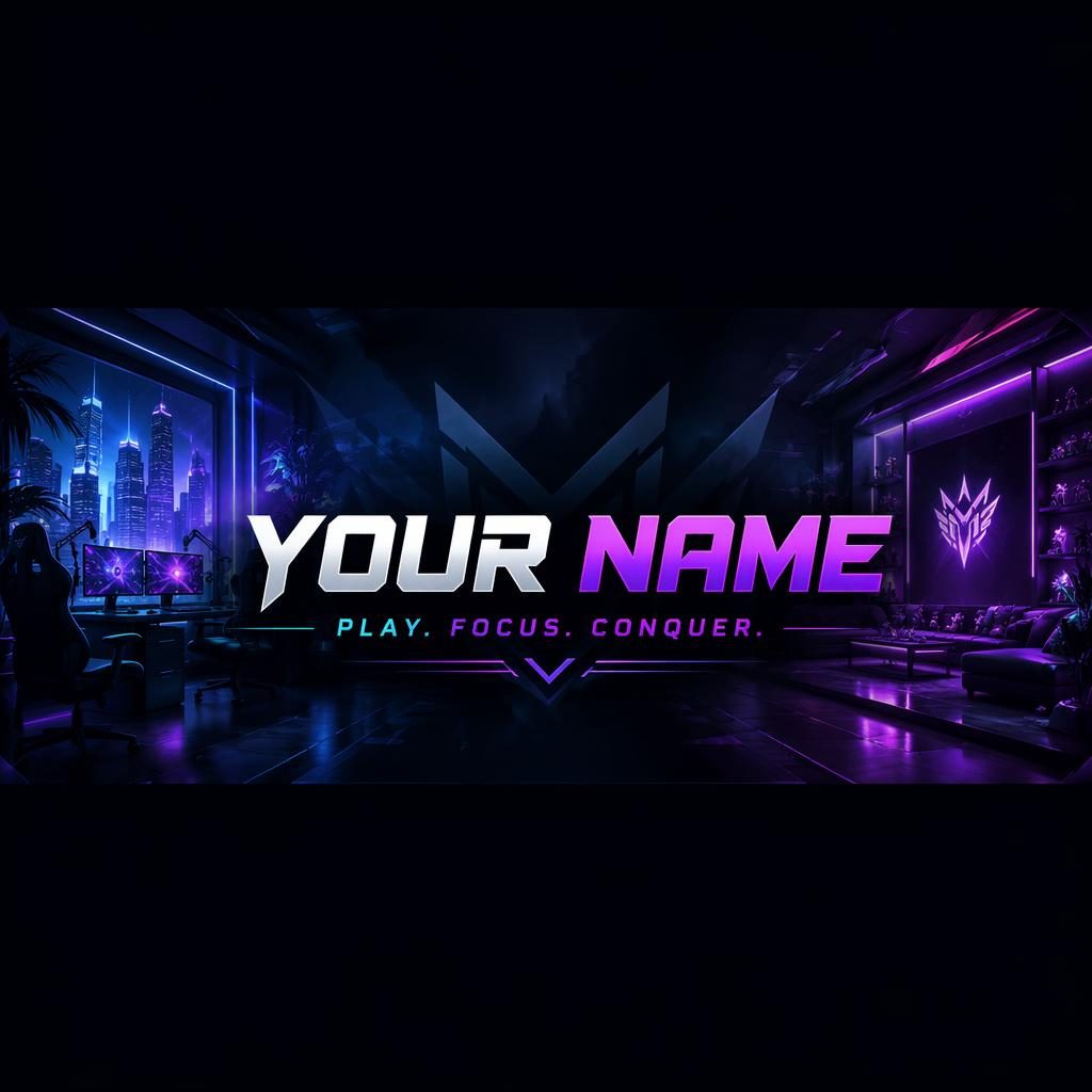 Luxury neon gaming channel cover banner with centered placeholder brand name, tagline, glowing gradients, and safe-zone layout