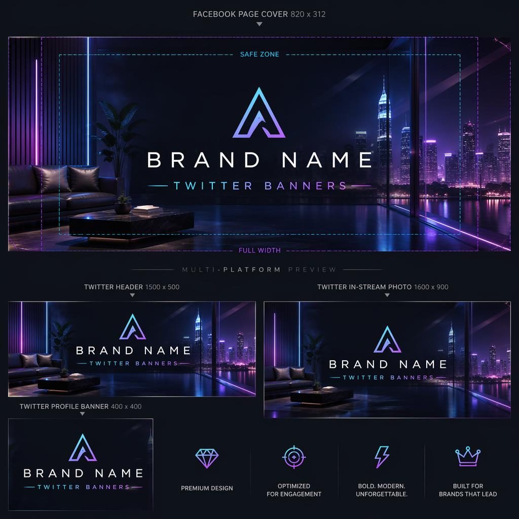 Luxury neon social cover banner illustration with centered placeholder brand name and tagline, optimized for Facebook and Twitter crops.