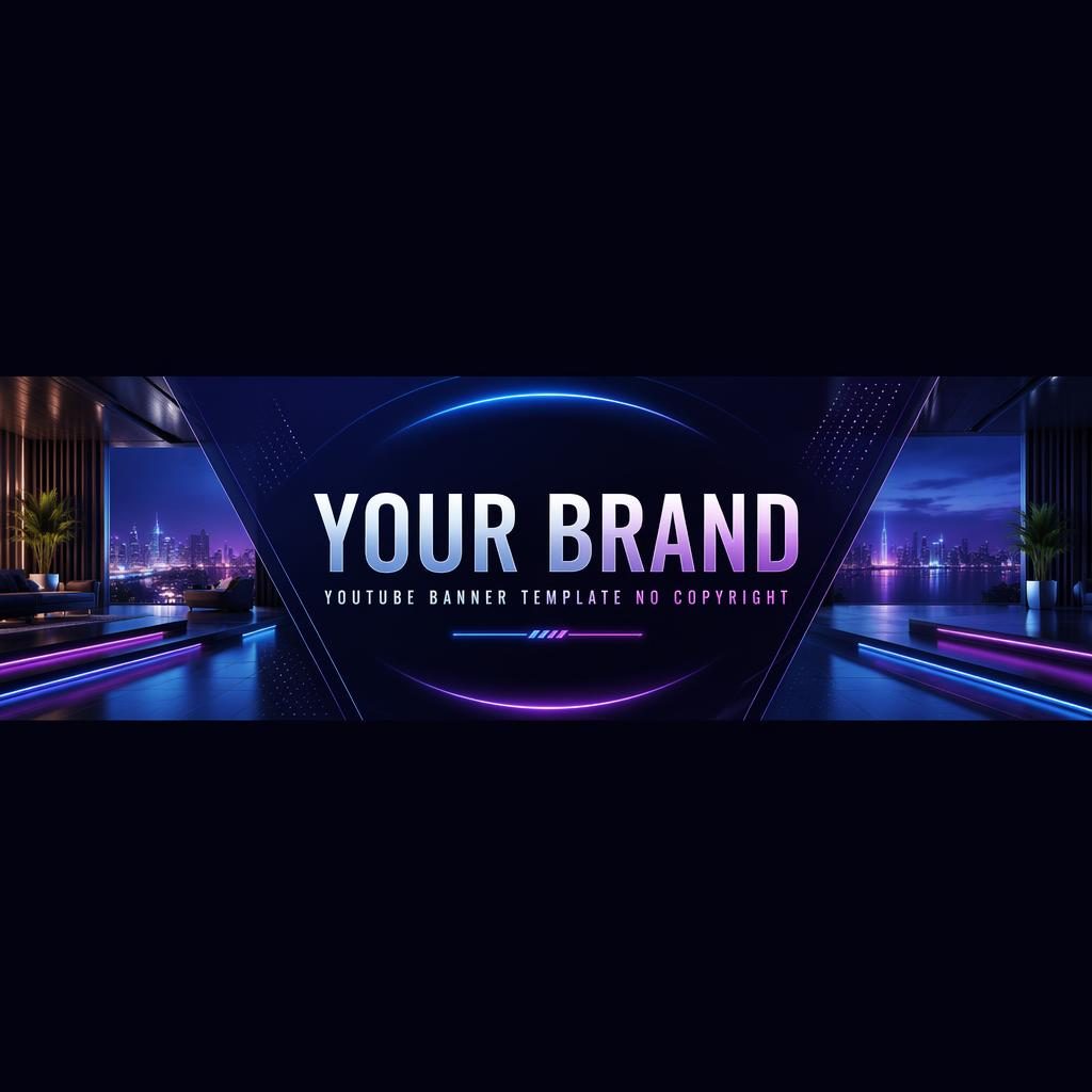 Luxury neon social cover banner with centered placeholder brand name and tagline, designed for safe-zone crops.