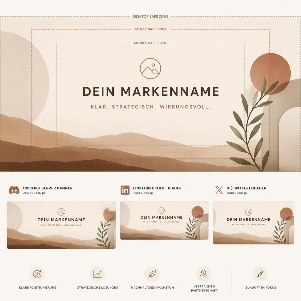 Minimalistischer Social-Cover-Banner in warmen Erdtönen mit zentraler Platzhalter-Typografie und sicherem Beschnitt.