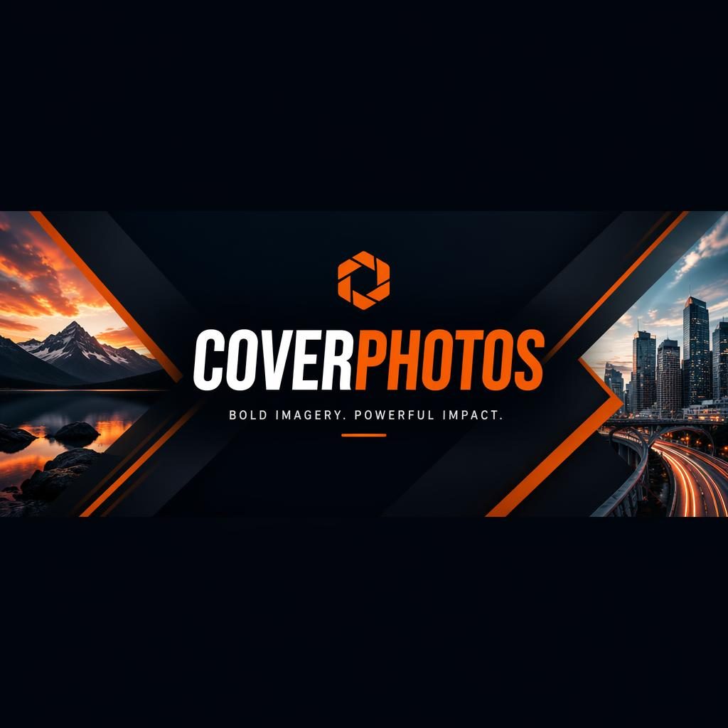 High-contrast social cover banner illustration with centered coverphotos branding, bold palette, and safe-zone layout.