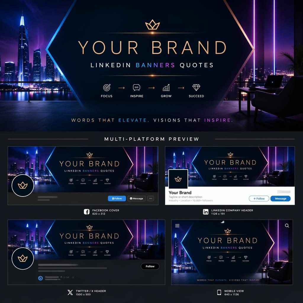 Luxury neon social cover banner illustration with centered placeholder brand name and tagline, designed for safe crop zones.