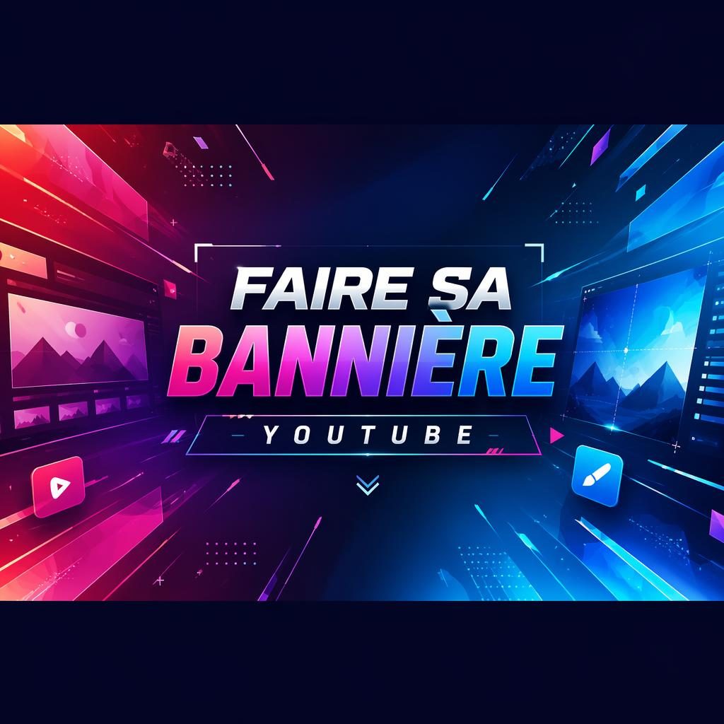 Bannière large futuriste avec dégradés vifs, hiérarchie typographique centrale et zone sûre pensée pour plusieurs formats