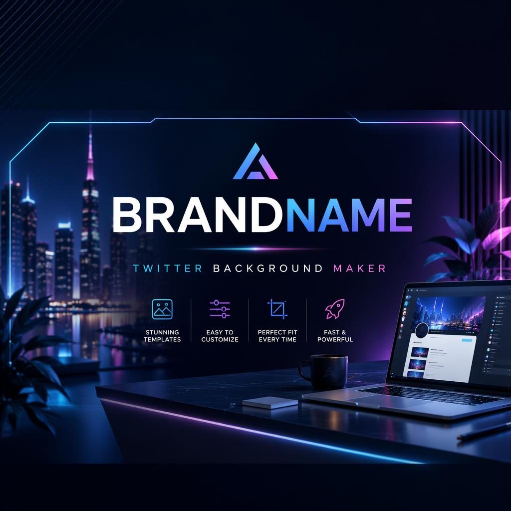 16:9 social cover banner illustration with centered placeholder brand name and tagline, neon luxury colors, and crop-safe layout.
