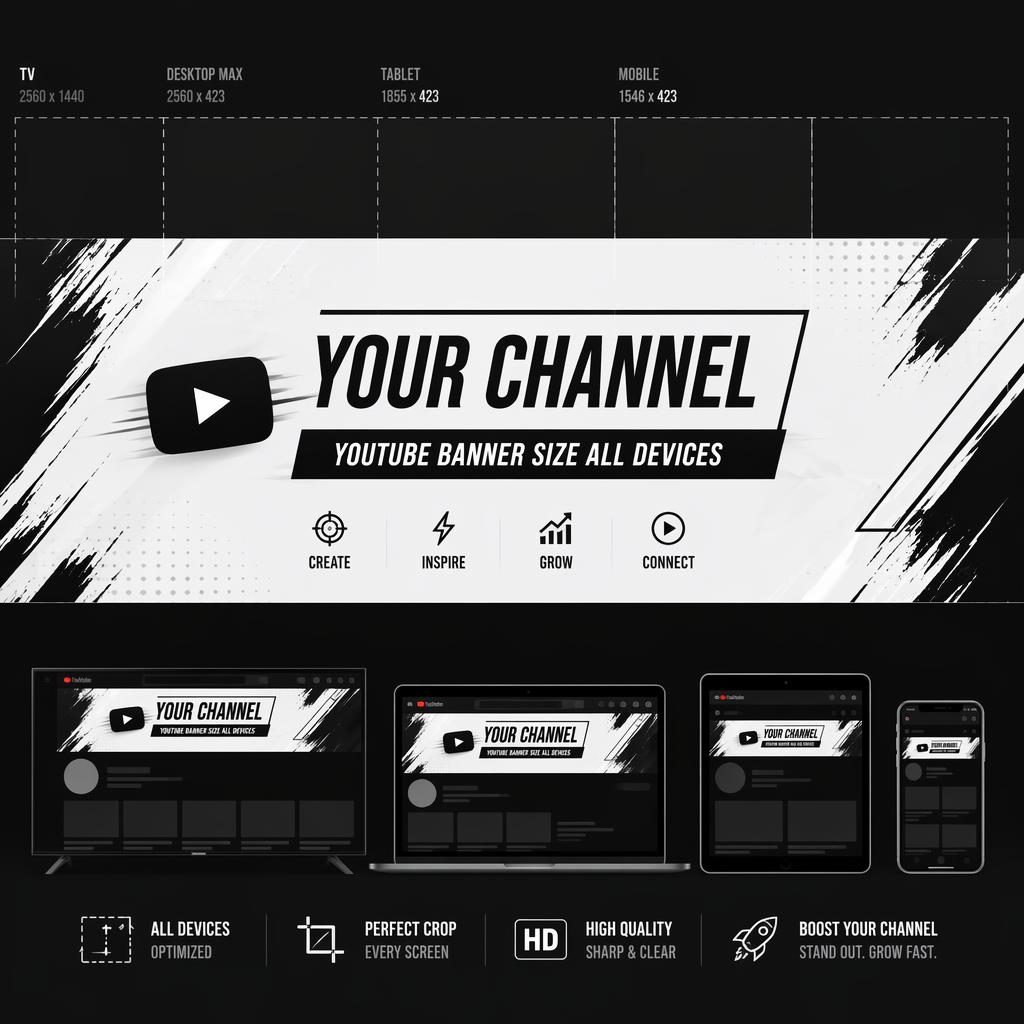 Minimal monochrome YouTube channel art banner with centered brand placeholder text, tagline area, and safe-zone layout.