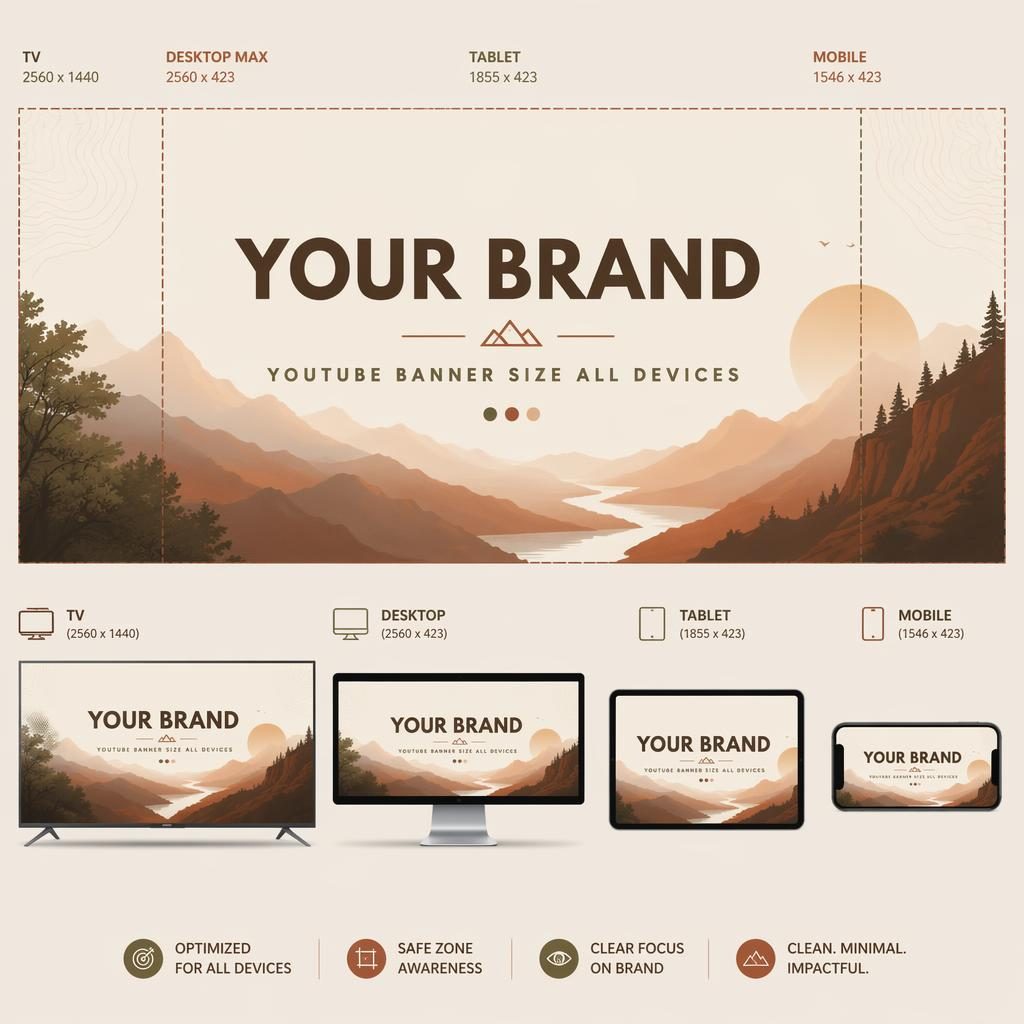 Minimalist multi-platform social cover banner with centered brand placeholder text, warm earth tones, and safe-zone layout.