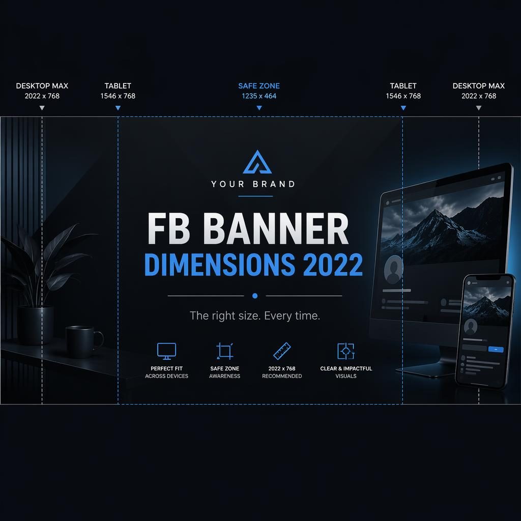 Dark moody Facebook cover banner mockup with centered placeholder brand name, tagline hierarchy, and safe-zone layout.