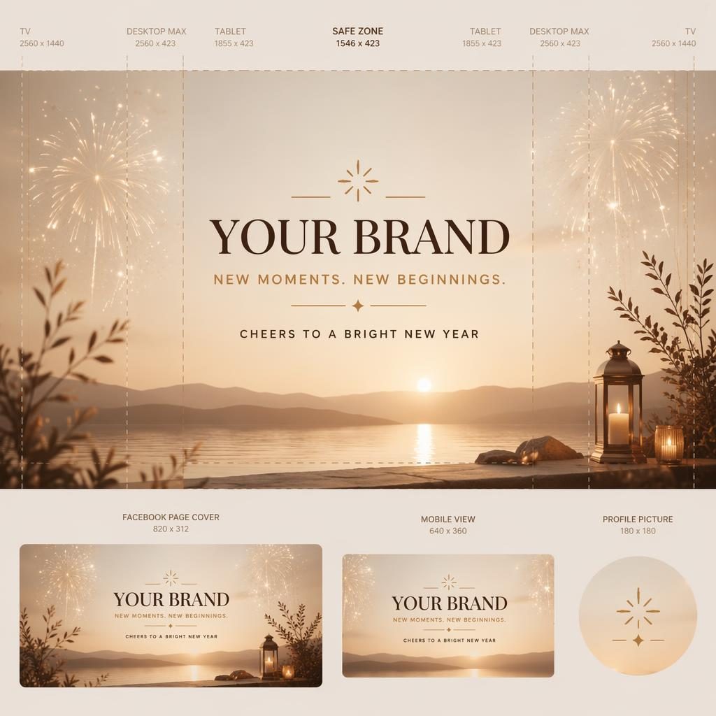 Minimalist warm earth-tone social cover banner with centered placeholder brand name, tagline area, and festive New Year's accents.