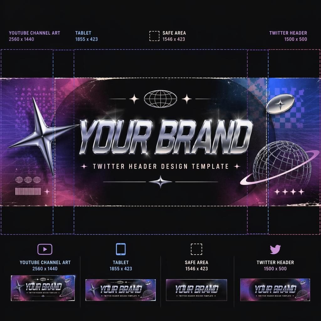 Vintage retro Y2K chrome social cover banner with centered placeholder brand name, tagline, and safe crop layout