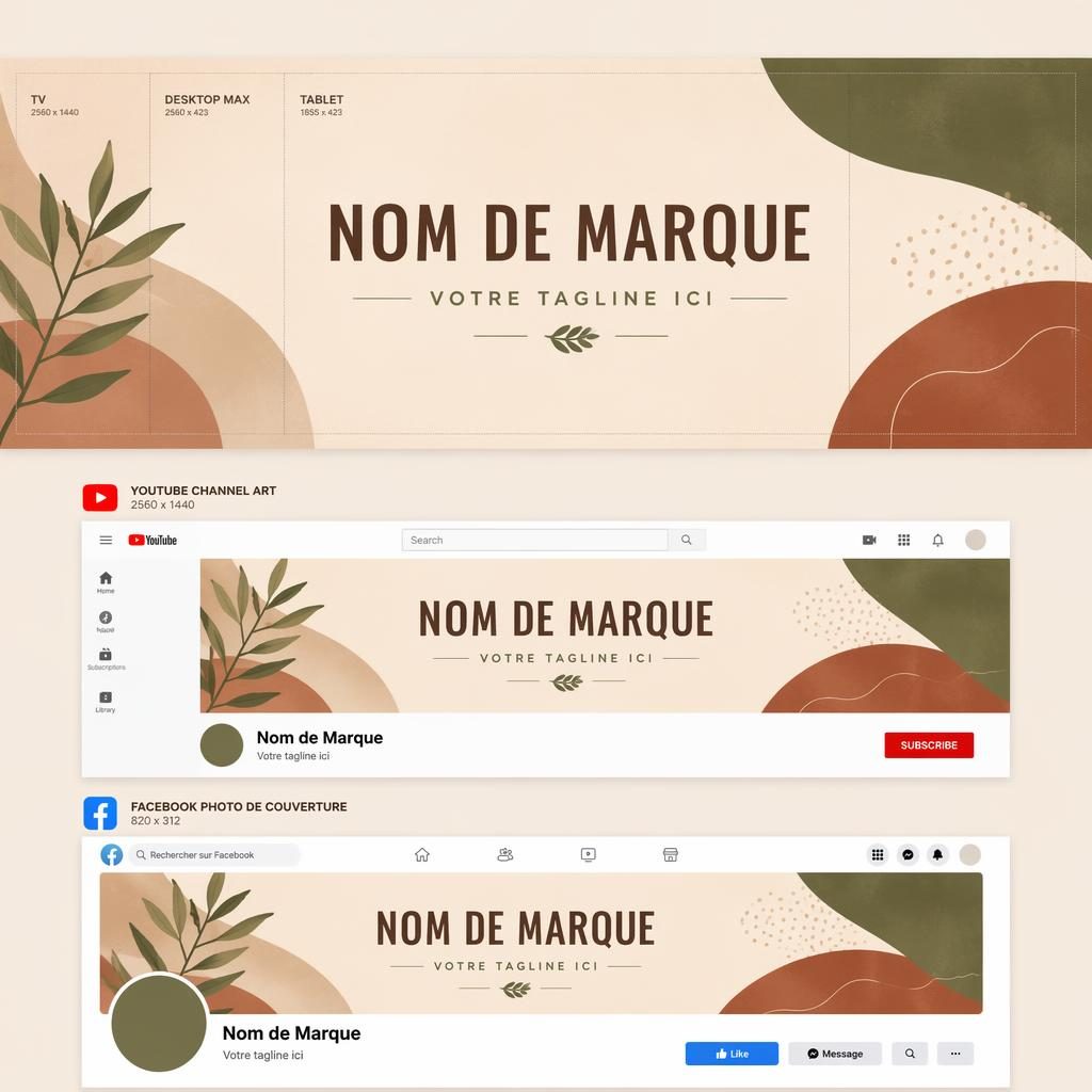 Bannière sociale minimaliste aux tons terre chauds avec typographie fictive centrée et composition adaptée aux recadrages