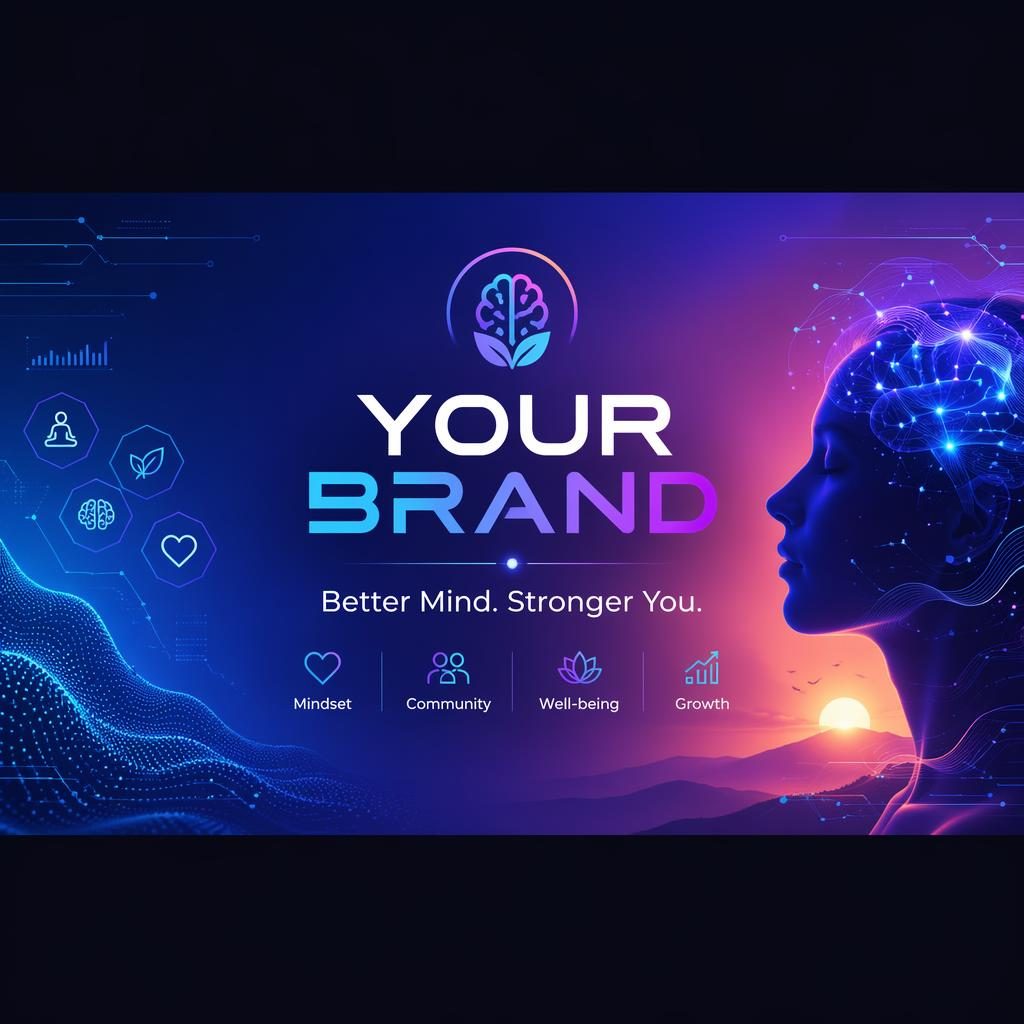 Futuristic social cover banner with vibrant gradients, centered placeholder brand name and tagline, designed for safe crop zones.