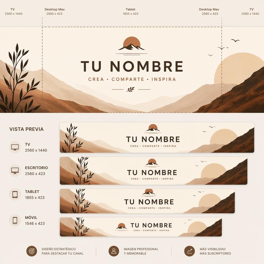 Banner horizontal minimalista para YouTube con tipografía de marca de marcador de posición y paleta cálida en tonos tierra.