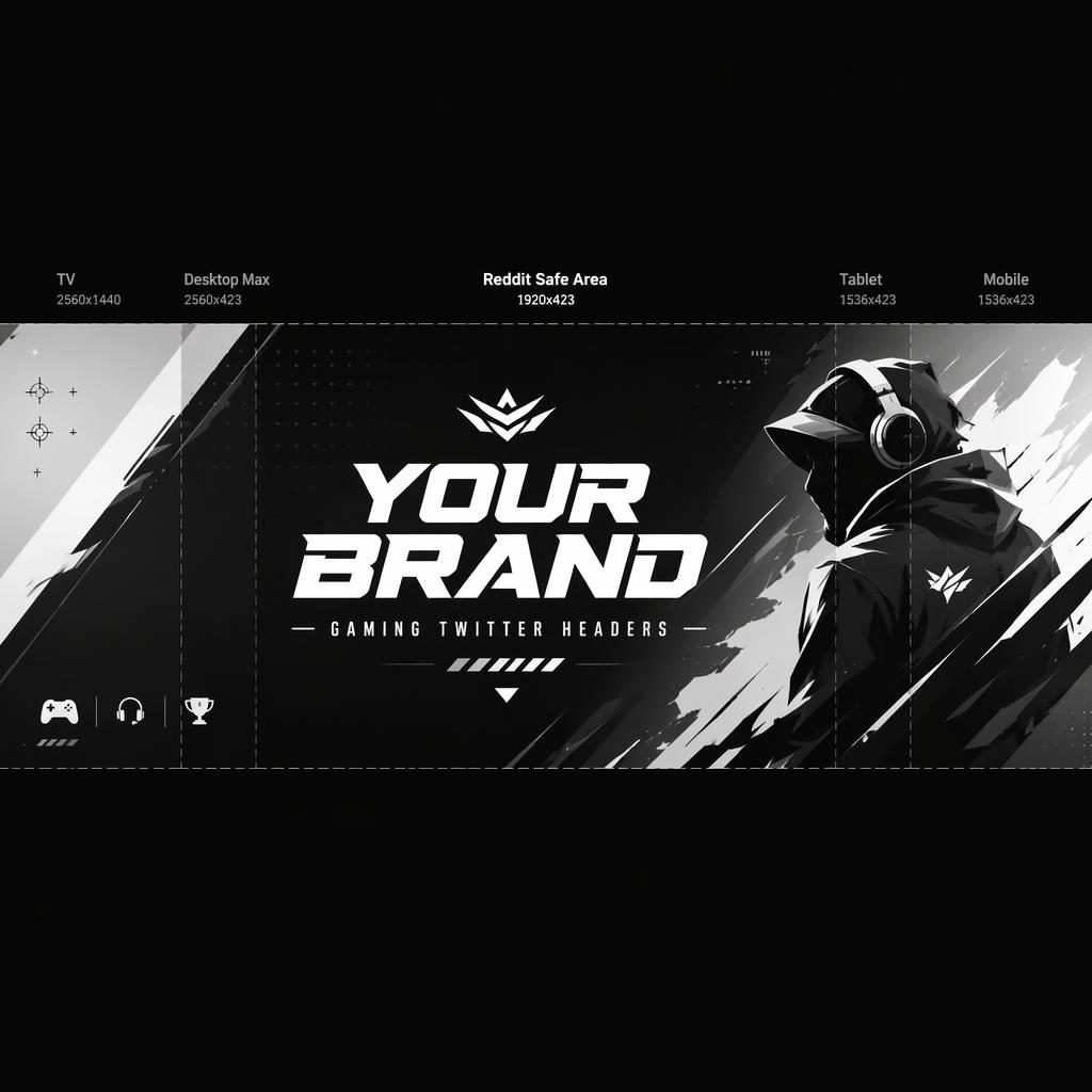 Monochrome gaming social cover banner with centered placeholder brand name, tagline, and safe-zone layout for multi-platform crops.
