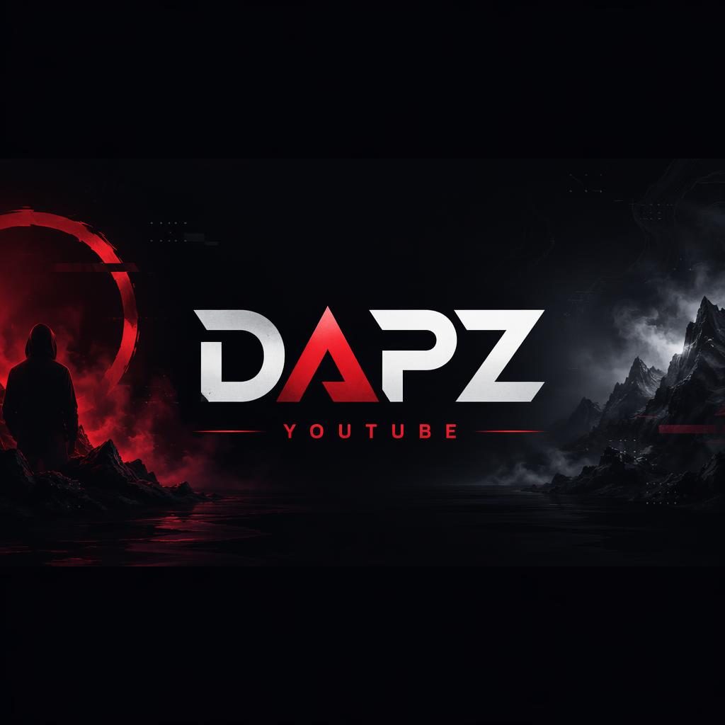 Dark moody social cover banner with centered dapz youtube placeholder typography and a clean dark mode layout.