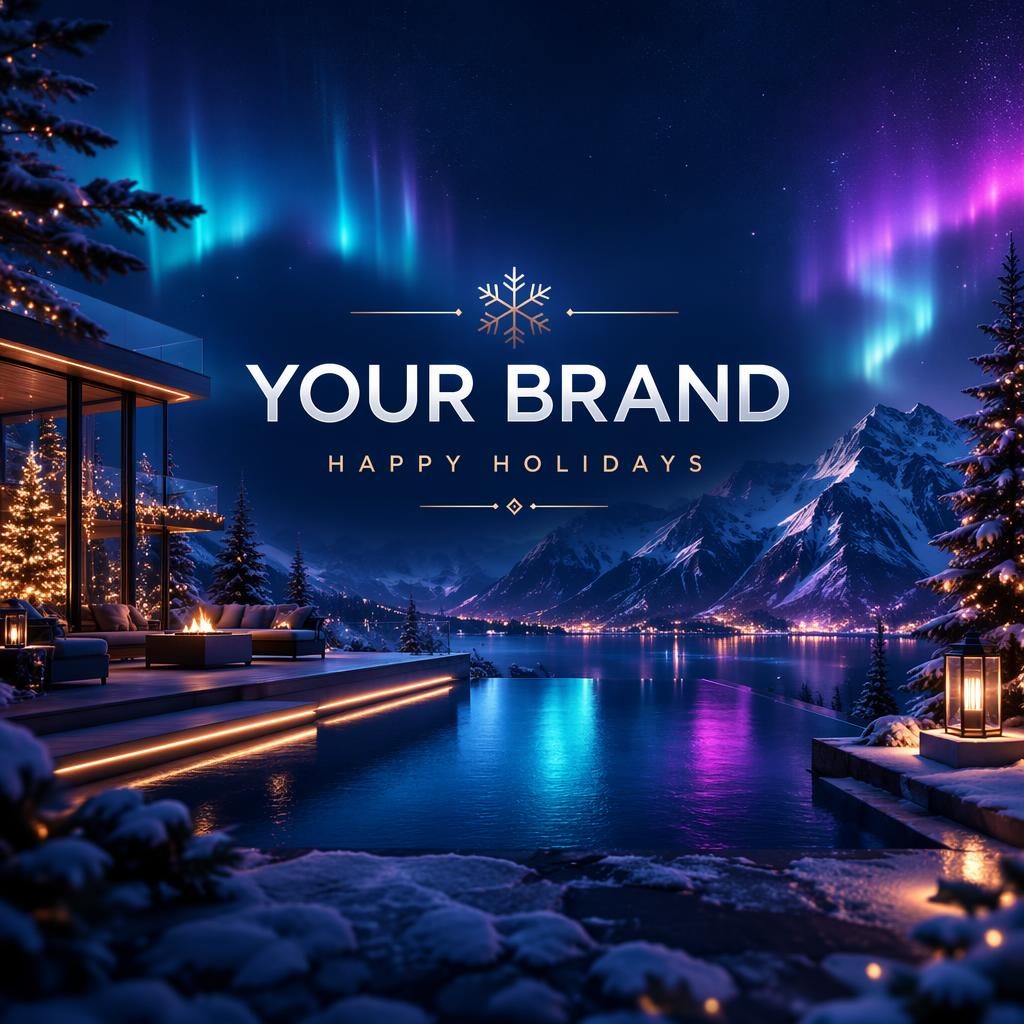 Illustrated holiday social cover banner with neon luxury colors, centered brand placeholder text, and safe crop layout.