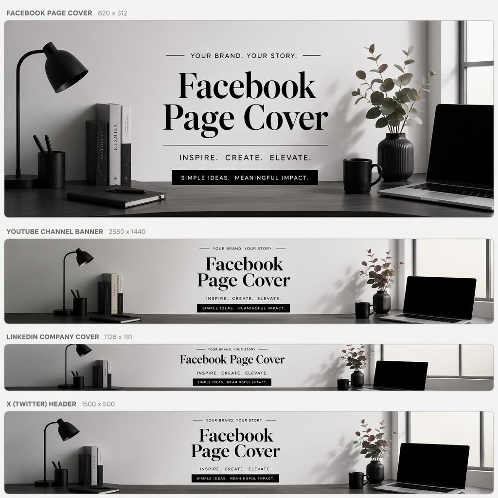 Banner fotorealista em tons monocromáticos com workspace moderno, detalhes lifestyle e tipografia de marca centralizada.