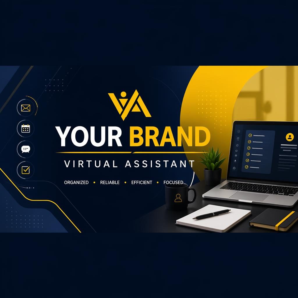 High-contrast social cover banner for a virtual assistant brand with centered placeholder logo, tagline, and safe crop layout.