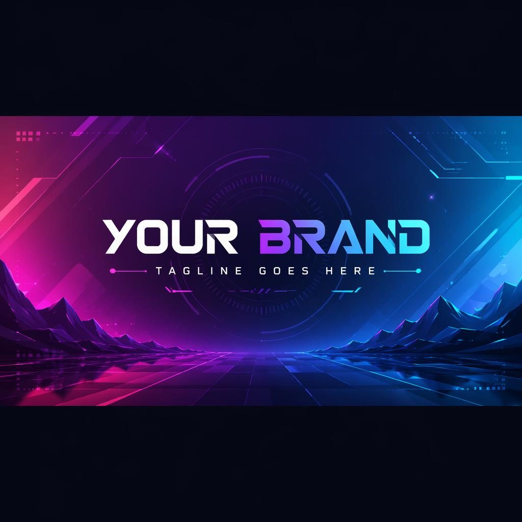 Tech futuristic social cover banner with vibrant gradients, centered brand name and tagline placeholders, crop-safe layout