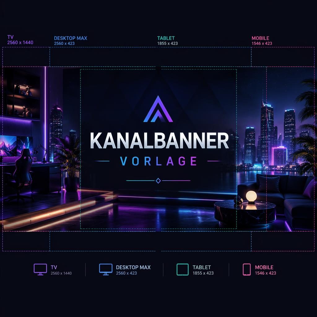 Breites Twitch-Kanalbanner mit luxuriöser Neon-Farbpalette, zentralem Platzhalter-Logo und sicherem sichtbaren Bereich.