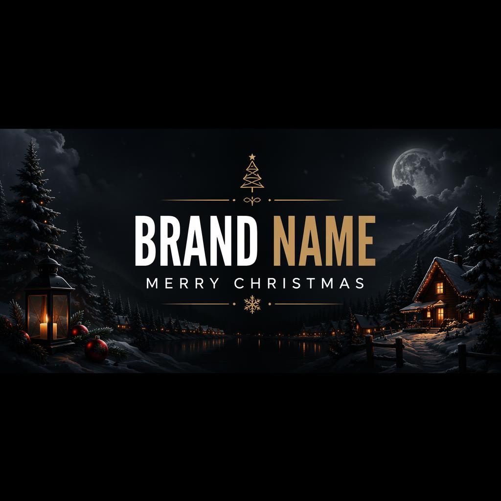 Dark moody holiday social cover banner with centered brand placeholder text, subtle Christmas accents, and a dark mode palette.