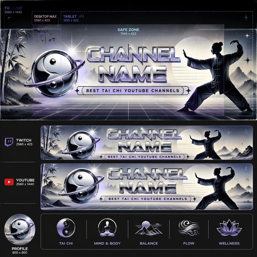 Retro Y2K chrome social cover banner with centered placeholder brand text, vintage tai chi theme, and crop-safe layout.