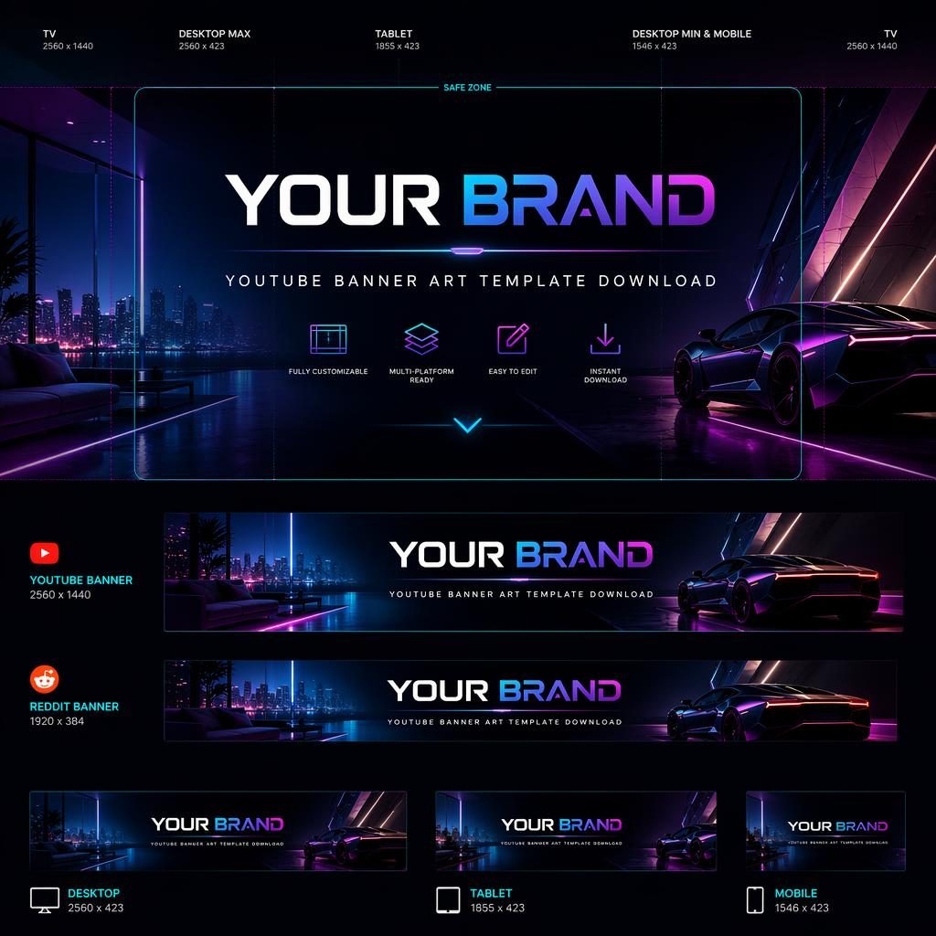 Luxury neon social cover banner illustration with centered placeholder brand name, tagline area, and safe-zone layout
