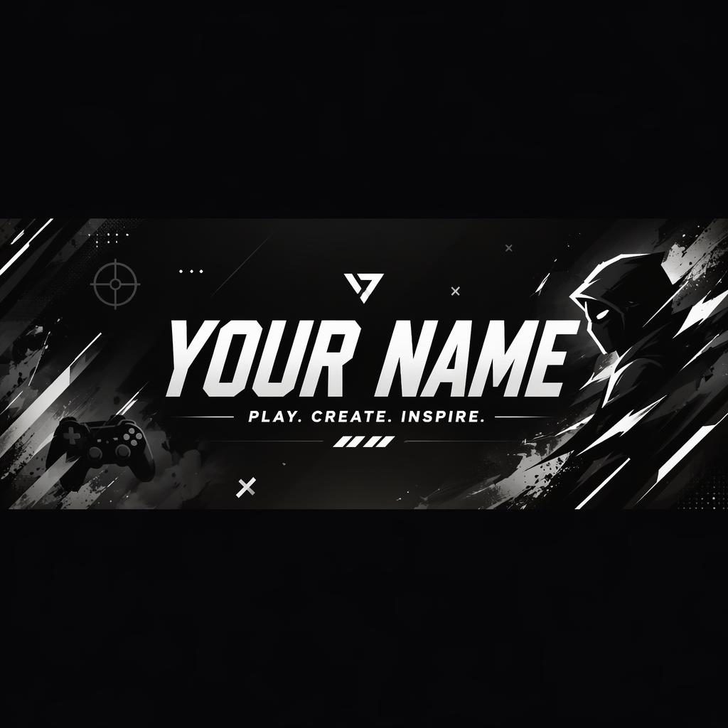 Monochrome gaming-themed social cover banner with centered placeholder brand name, tagline, and safe-zone layout.