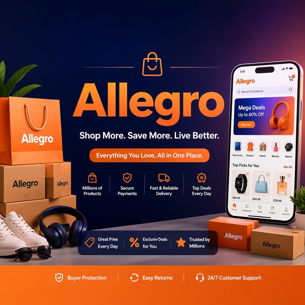 Fotorealistyczny baner Allegro 16:9 z paczkami, ekranem zakupów mobilnych i nowoczesną sceną e-commerce.