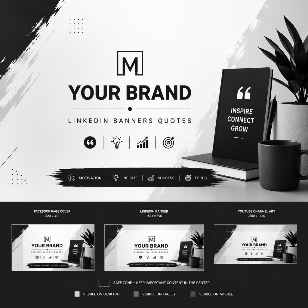 Minimal monochrome social cover banner with centered placeholder brand name, tagline layout, and energetic creator style