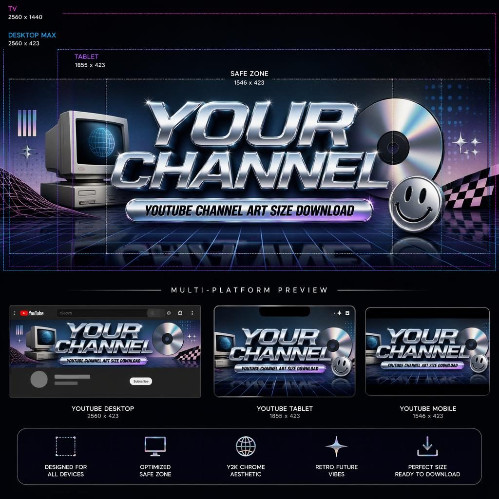 16:9 social cover banner with centered placeholder brand name, retro vintage layout, and Y2K chrome accents in a safe zone