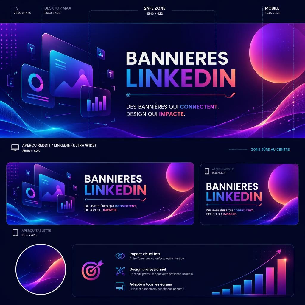 Bannière large futuriste avec dégradés vibrants, typographie de marque centrée et composition pensée pour recadrages.