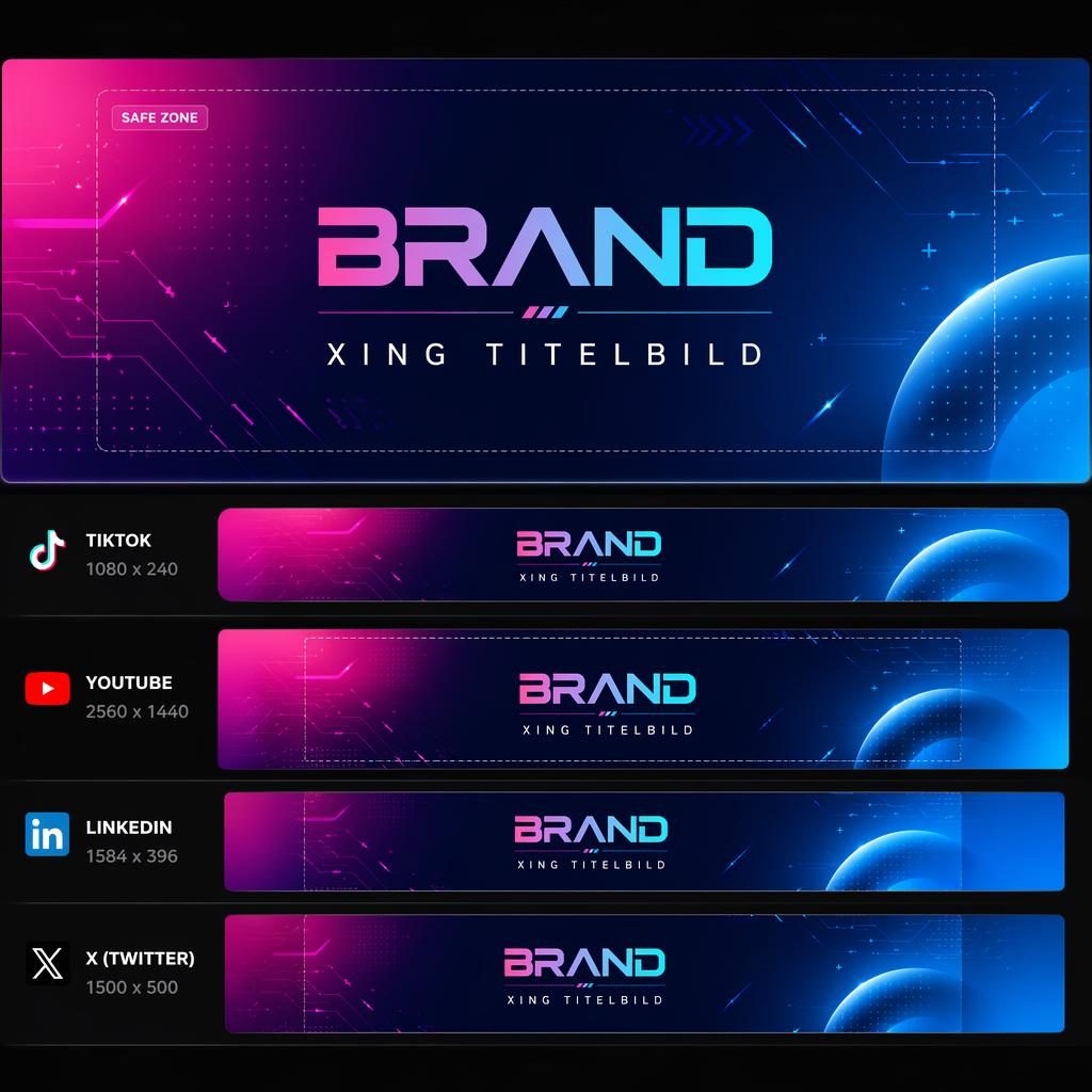 Futuristisches Social-Cover-Banner mit lebhaftem Farbverlauf, zentraler Platzhalter-Typografie und sicherem Beschnittbereich.