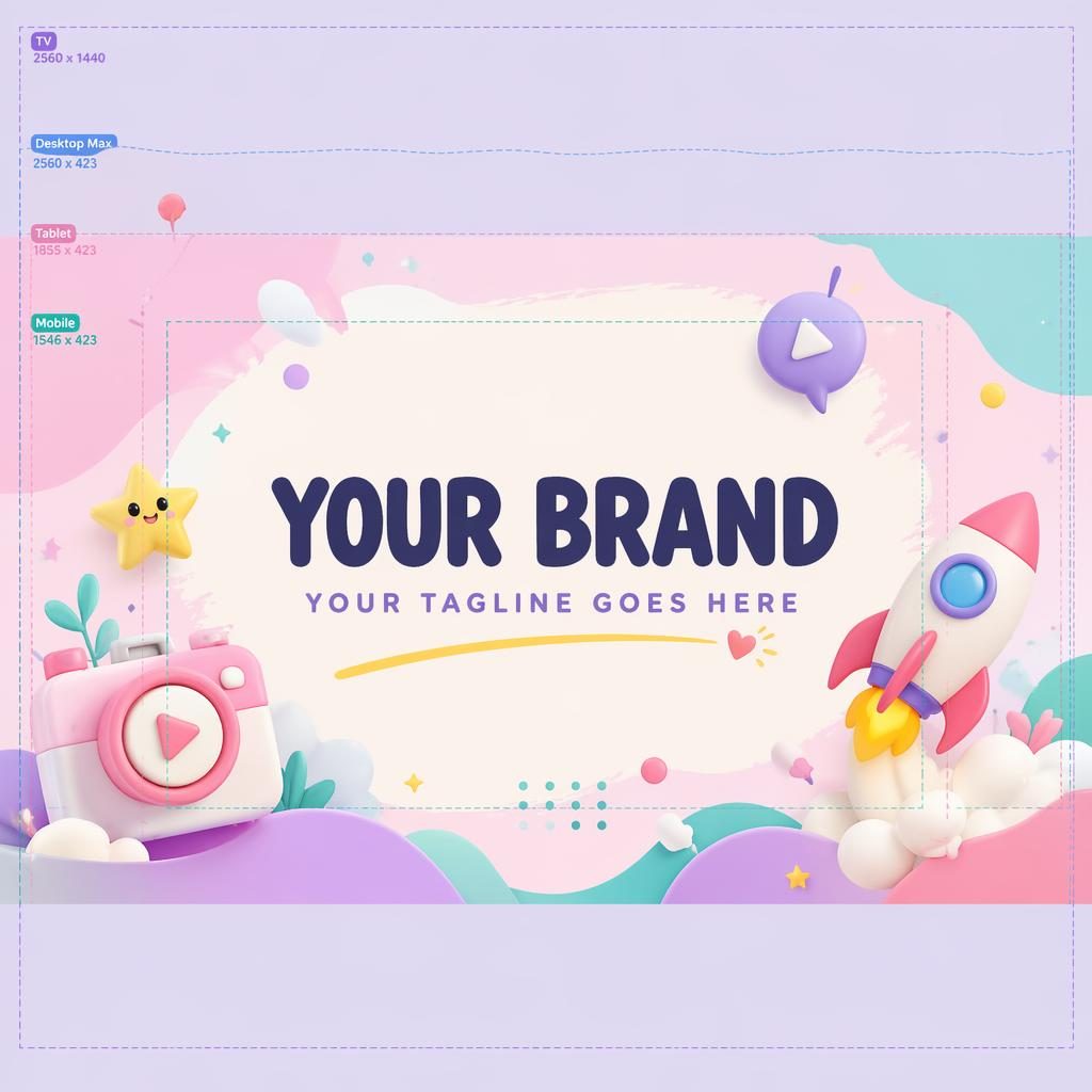 Playful pastel social cover banner with centered placeholder brand name and tagline, sized for multi-platform crops.