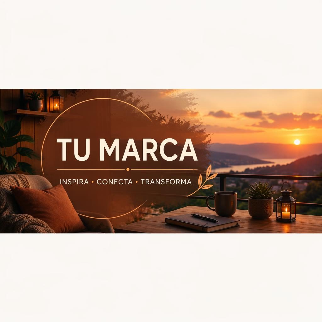 Banner ilustrado para encabezado de facebook con paleta cálida al atardecer, tipografía de marca centrada y diseño seguro.